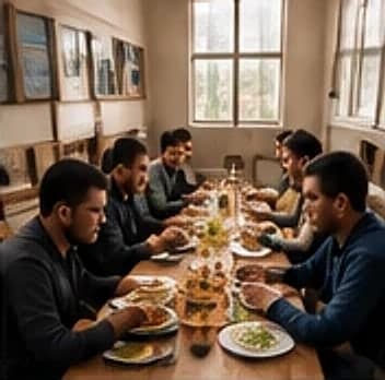 Workers sharing a meal together